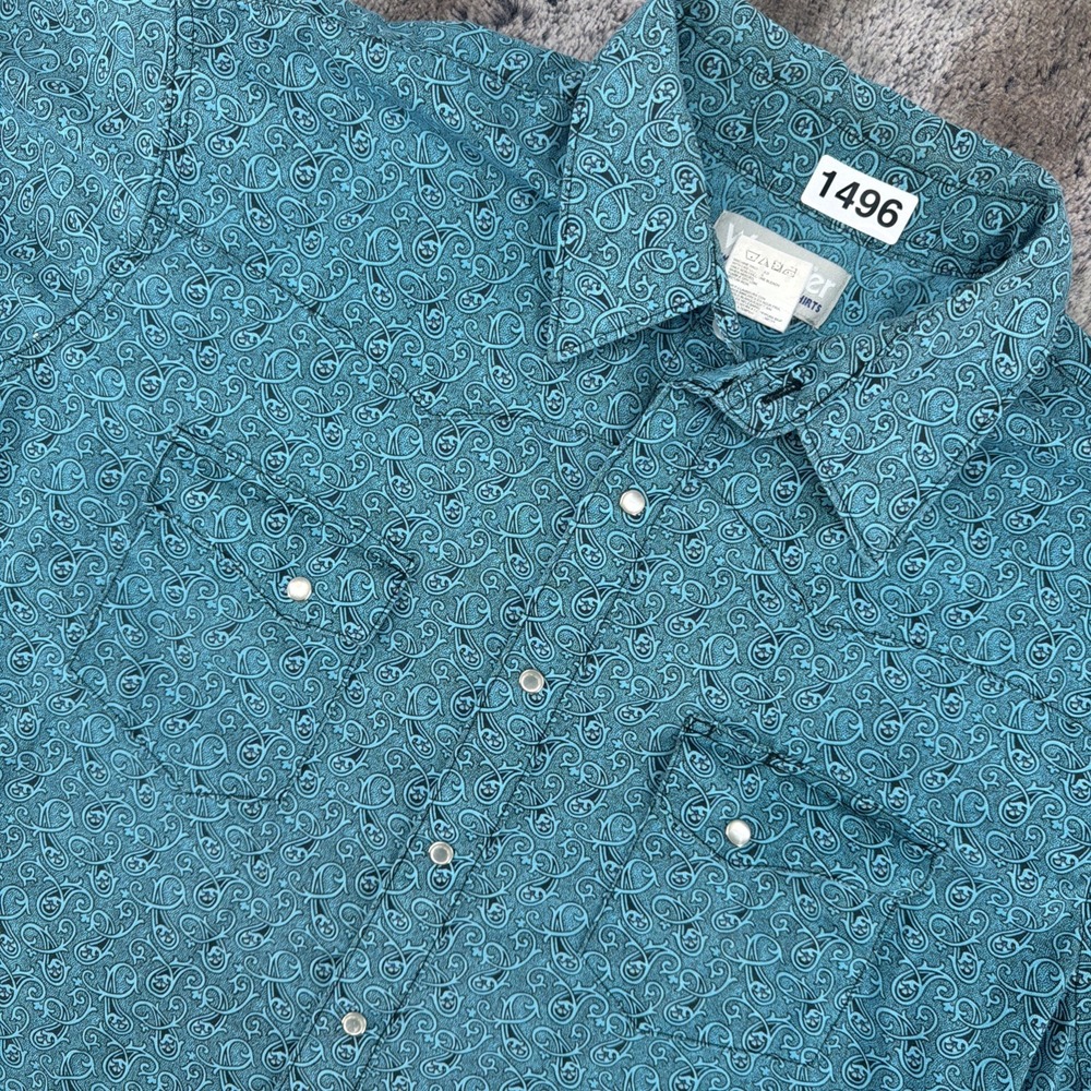 Wrangler Wrancher Pearl Snap Shirt Mens XLT Blue Black Paisley Western Rancher